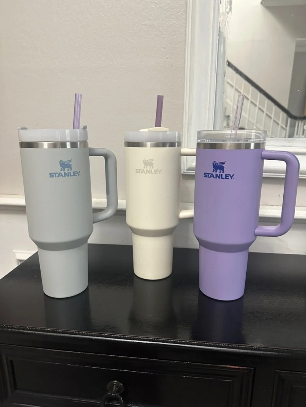 Bundle of 3 Stanley 40oz Travel Mugs in Purple, Cream & Gray with Handles - Picture 1 of 4